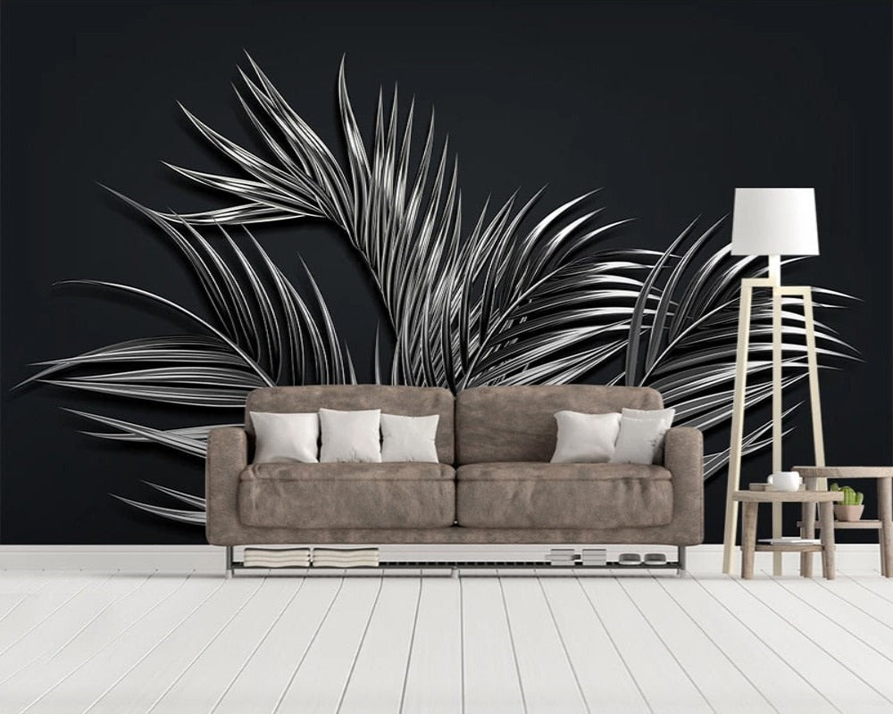 3D Wallpaper Black Tropical Steel Leaf